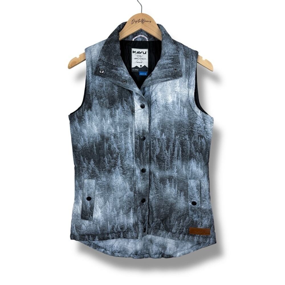 KAVU Puffer Vest S Gray Forest Print Snap Front Outdoor Layer Lightweight Gorp